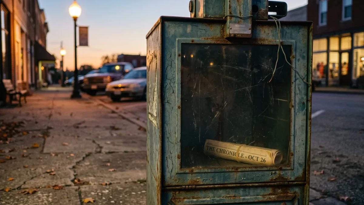 Close-up of a small-town newspaper rack standing empty