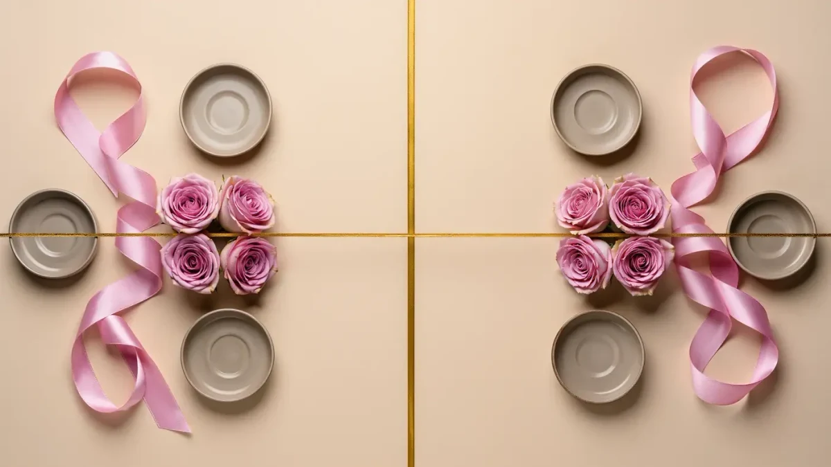 Symmetrical studio still life of blush pink and champagne silk ribbons, mirrored powder rose florals and taupe ceramics