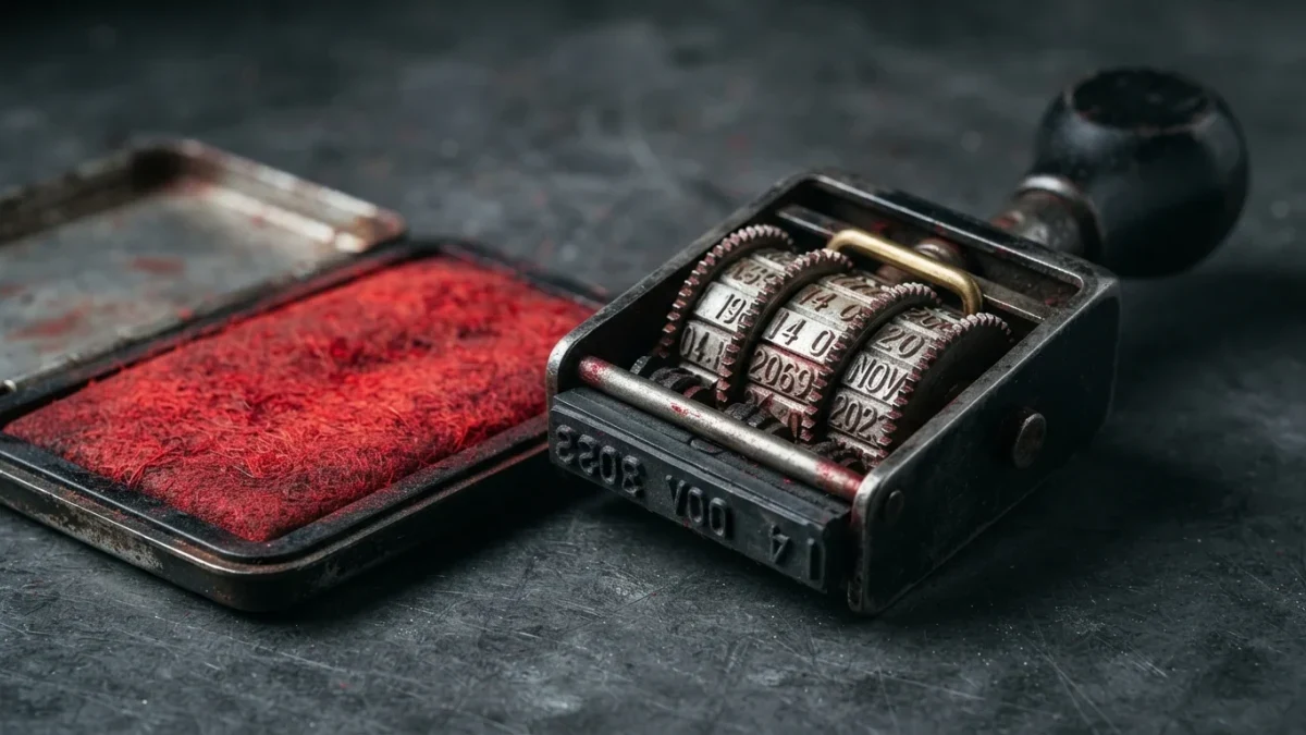 Macro close-up of a mechanical date stamp resting on an ink pad