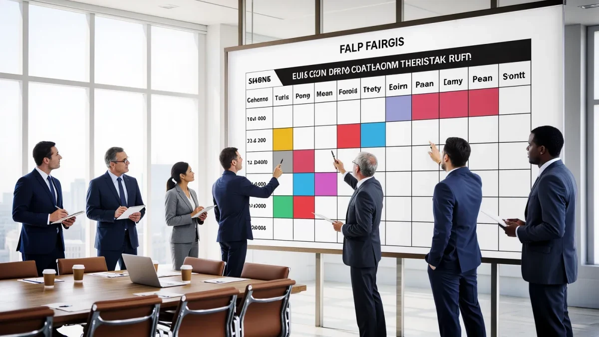 Advertising executives reviewing a fall schedule grid presentation