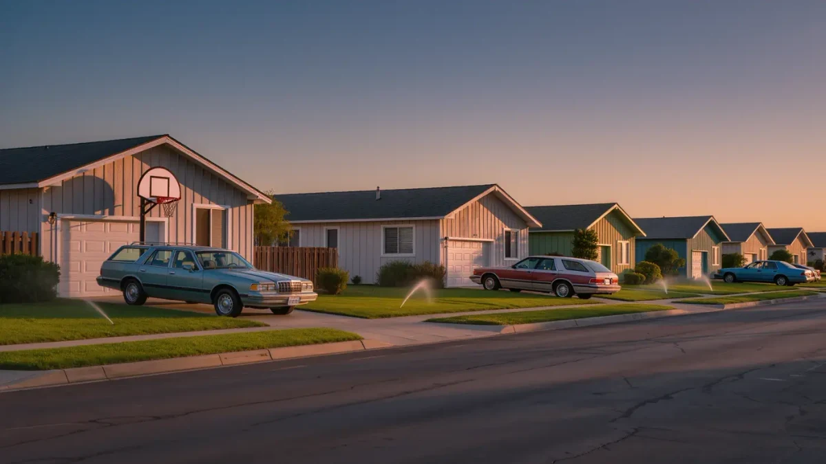 Empty suburban street with parked minivans and mowed front lawns at dusk