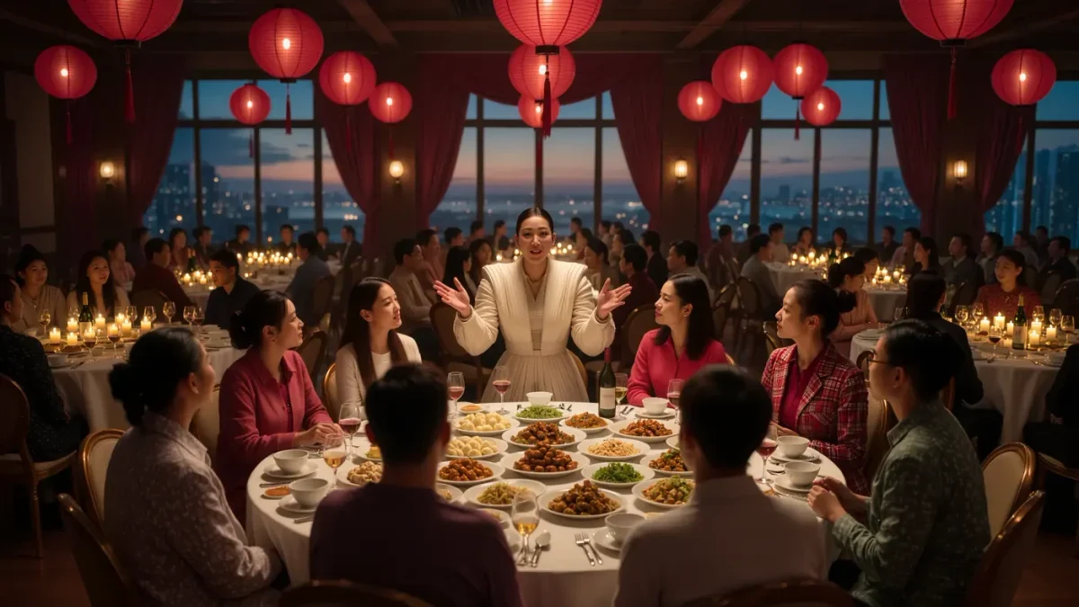 Guests at a candlelit fashion dinner in a Chinatown banquet hall