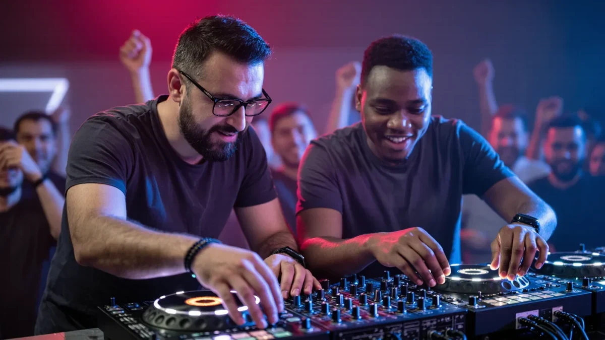 Two DJs sharing a booth during a back-to-back set