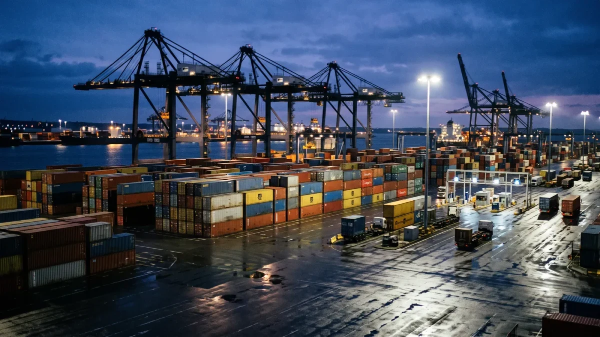 Container port at dusk with gantry cranes over stacked containers