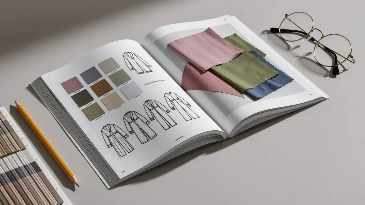 Open trend report beside fabric swatches and a pencil on a studio table