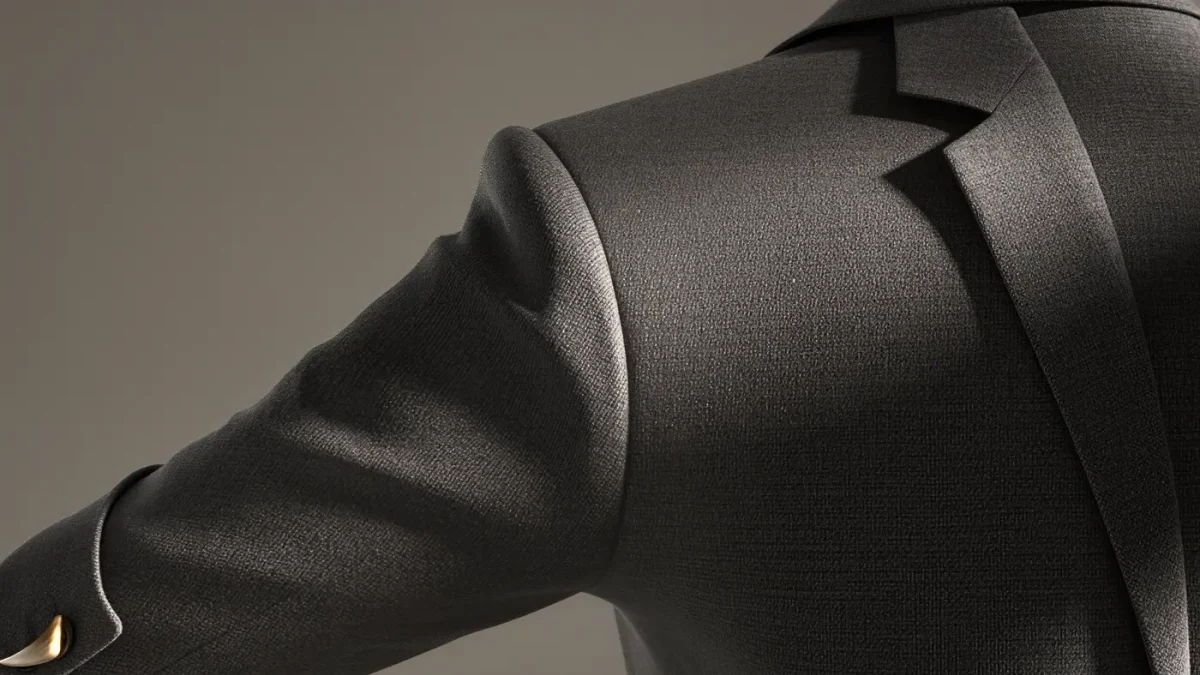Close-up of a sharply tailored blazer shoulder seam in charcoal wool under studio light