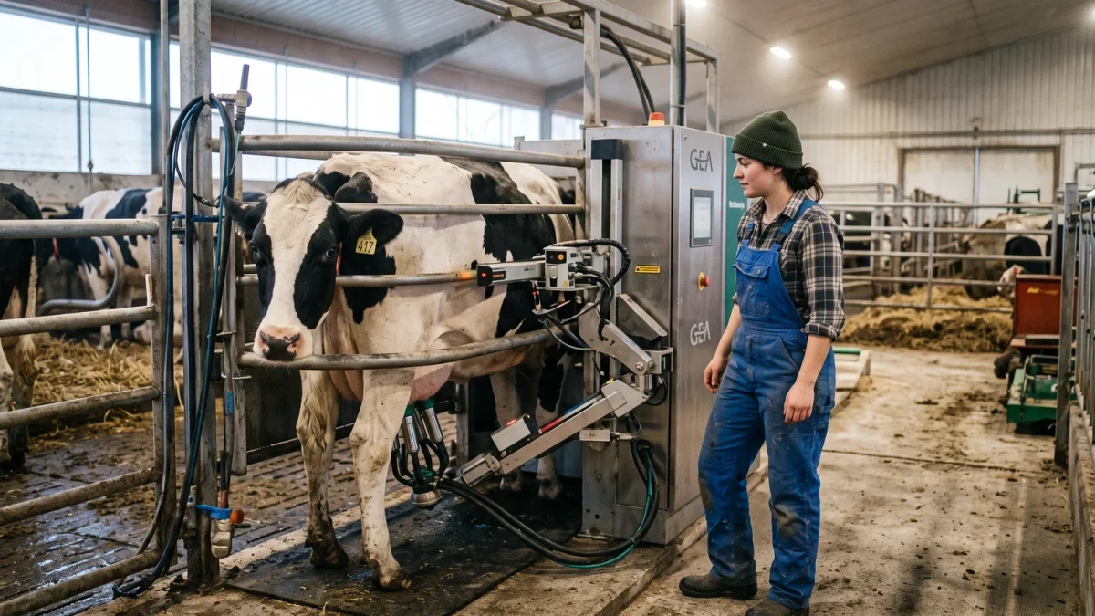 Dairy worker observing cows at robotic milking unit
