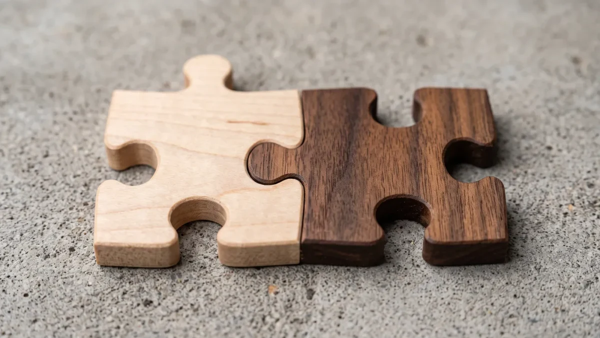 Two interlocking jigsaw pieces of different woods on concrete