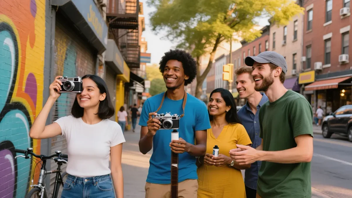 Friends on a city photowalk shooting colorful compact film cameras