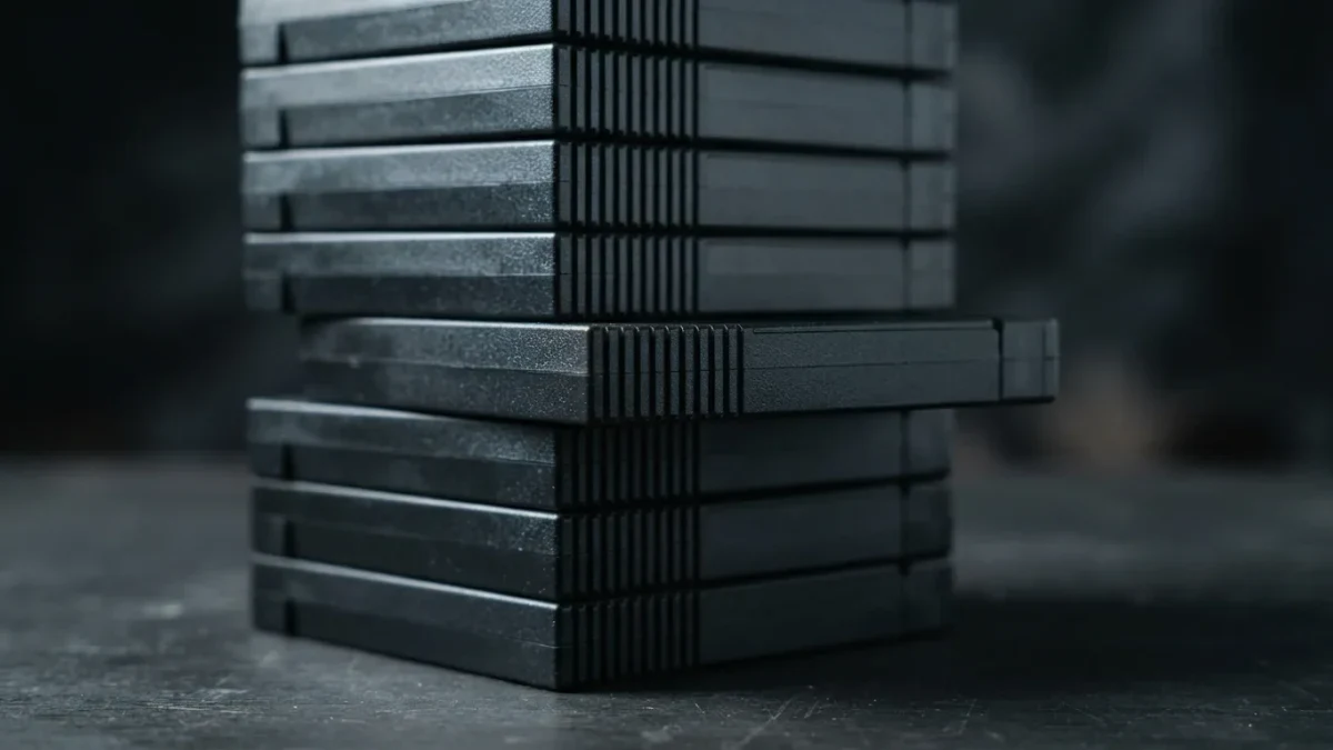 Macro close-up of matte-black archival tape cartridges stacked