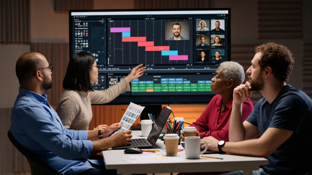 Marketing team reviewing trailer edit for a wide release