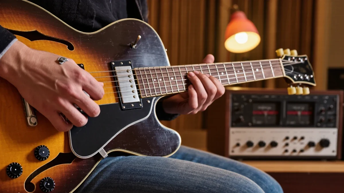 Guitarist's right hand fingerpicking a hollow-body electric with thumb pick