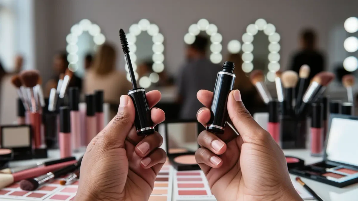 Makeup artist holding two mascara wands side by side comparing bristle shapes