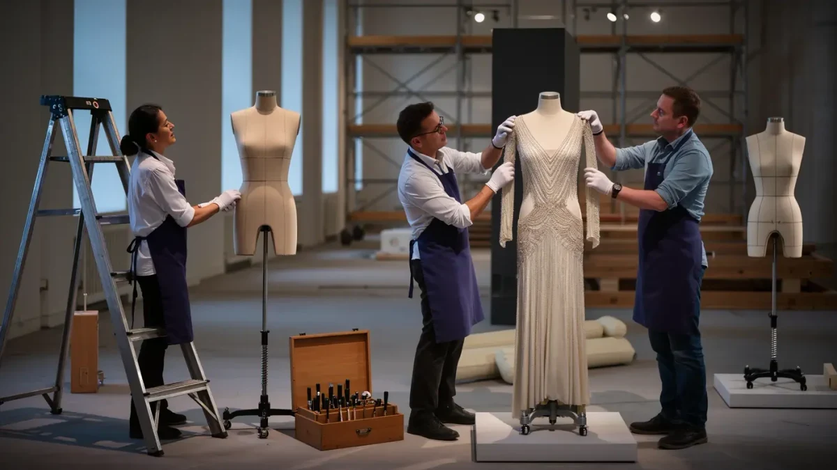 Conservators preparing a beaded couture gown for exhibition in a gallery