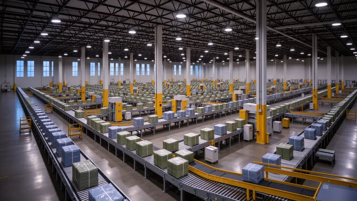 Photojournalistic scene of a vast logistics sorting hub at dawn with conveyor belts carrying stacks of small sealed parcels, no people