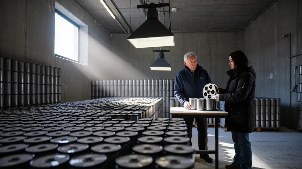 Archivists inspecting film reels in a cold vault