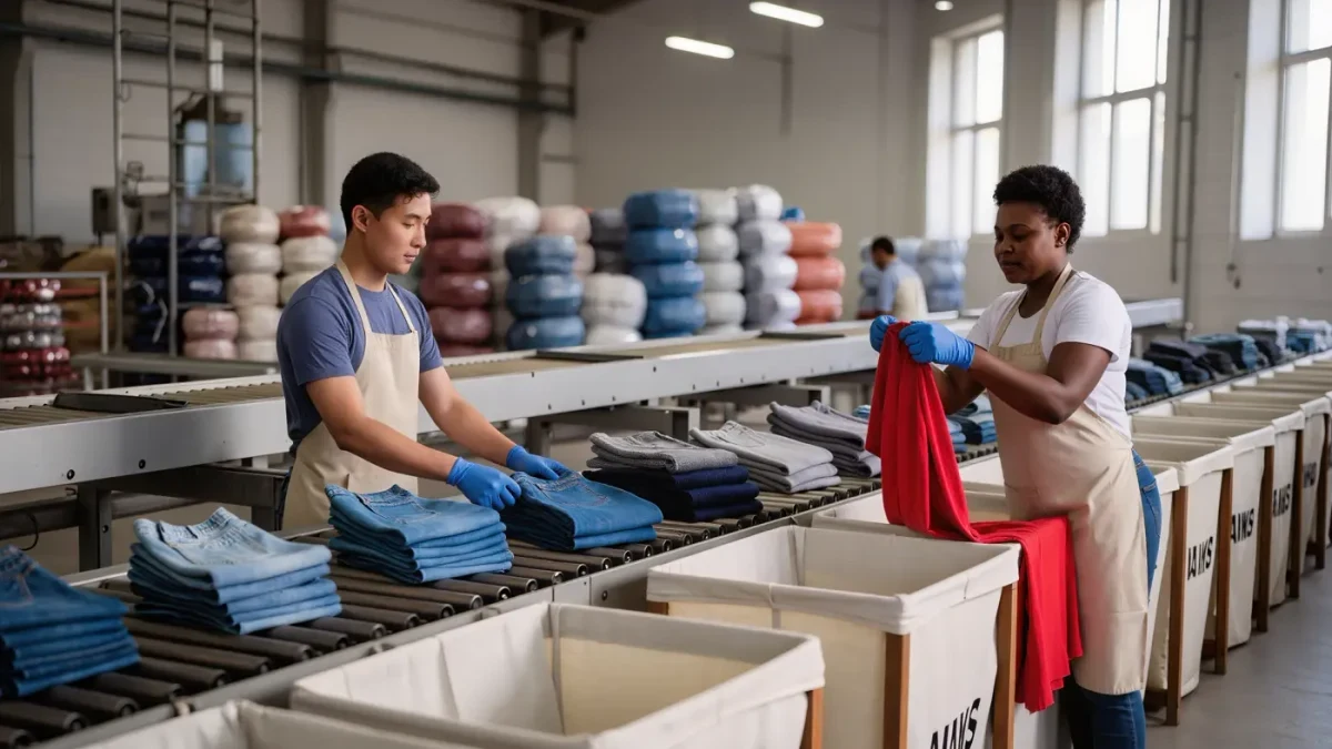 Workers sorting garments on a conveyor at a bright textile recycling facility