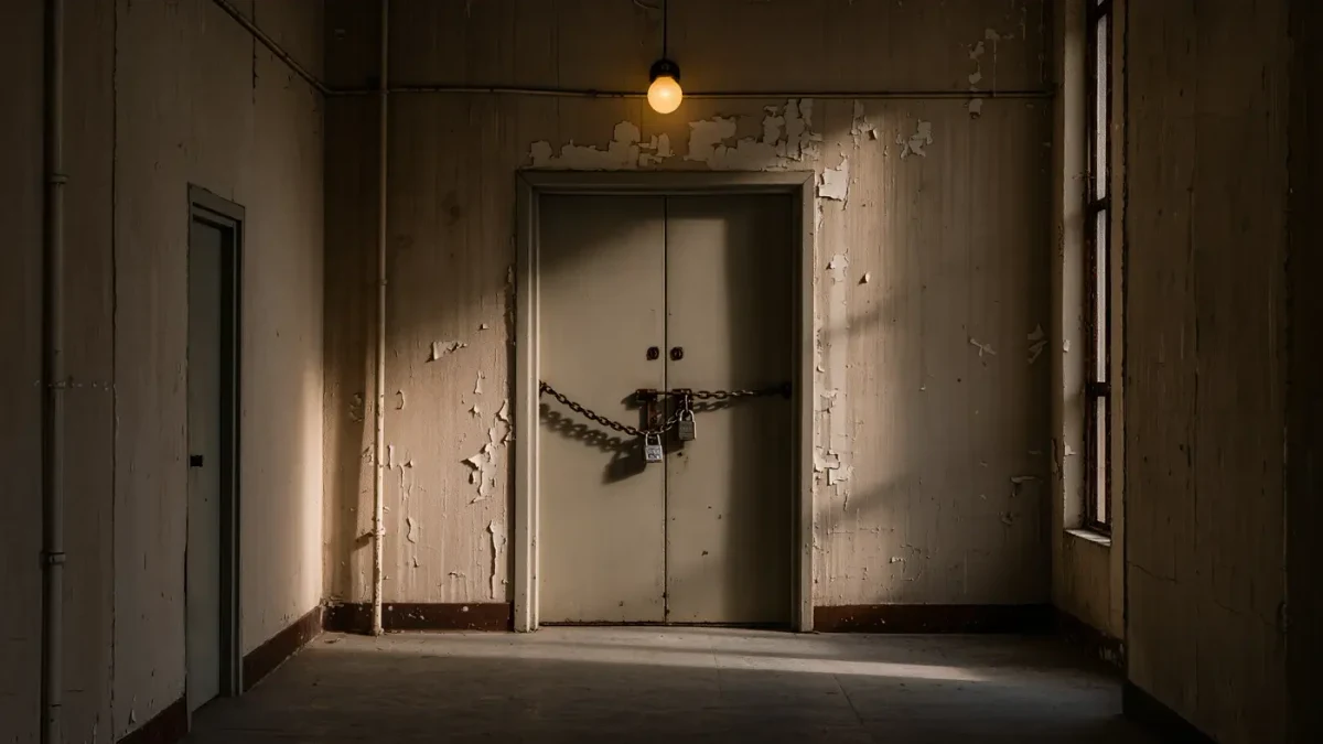 Apartment door with multiple locks under evening light