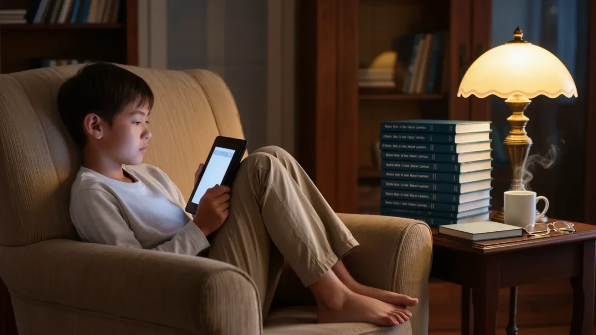 Absorbed reader with an e-reader beside a stack of matching paperbacks