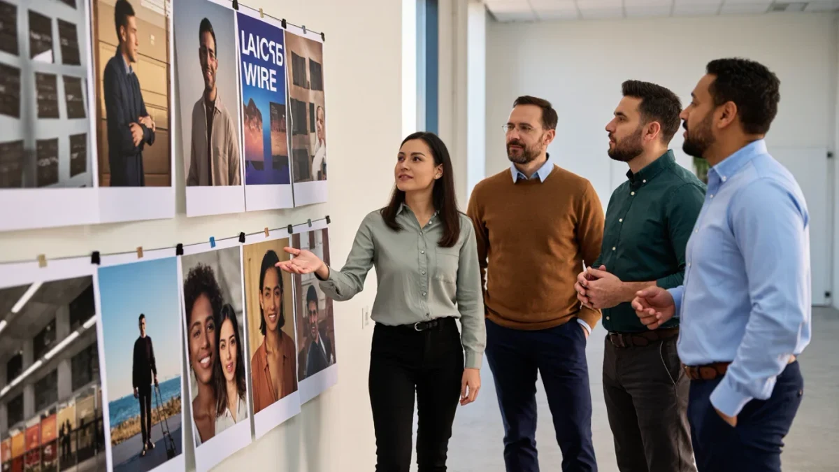 Film marketing team reviewing campaign materials in a production office