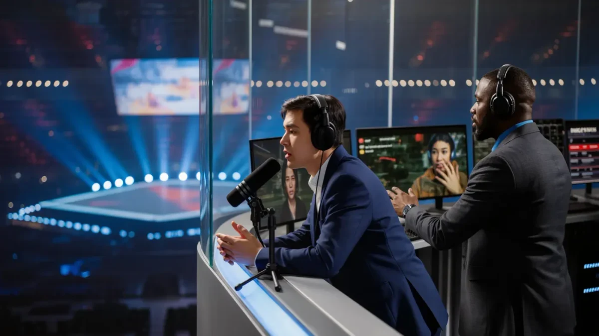 Two commentators calling a match from a broadcast booth above an arena