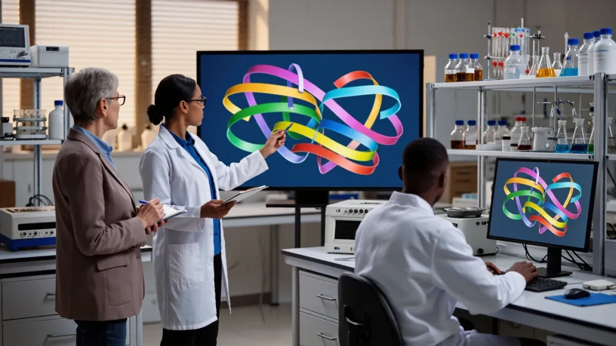 Structural biology researchers studying protein models on multiple screens in a laboratory