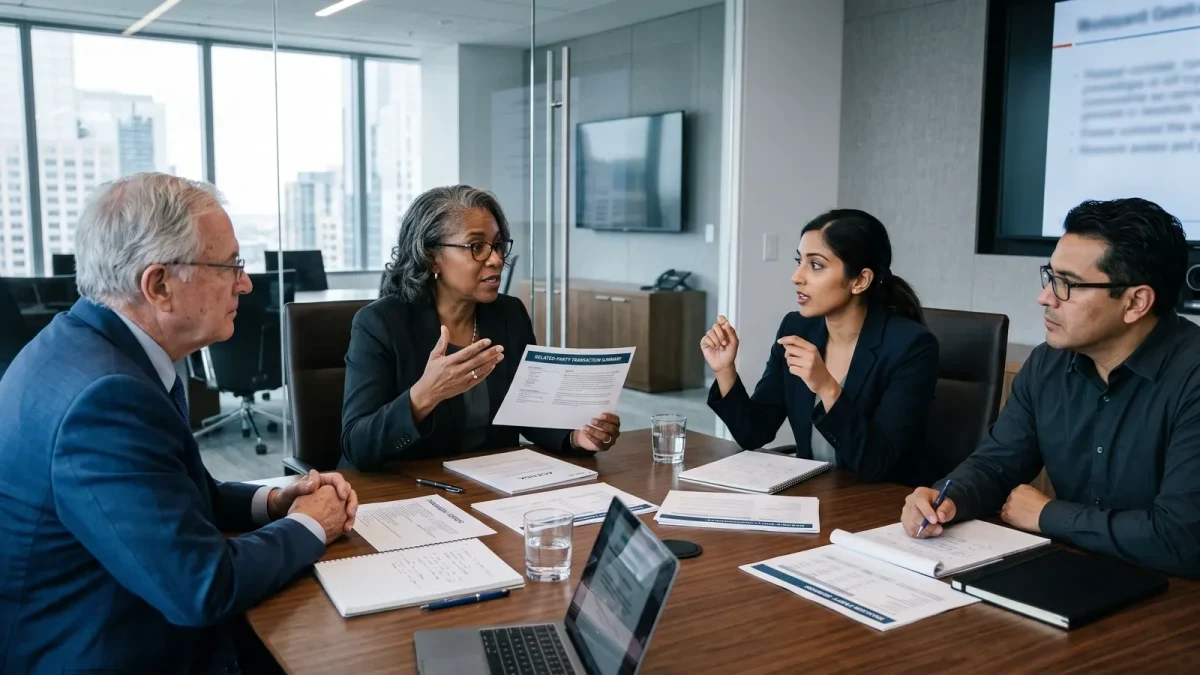Committee members questioning counsel across a boardroom table