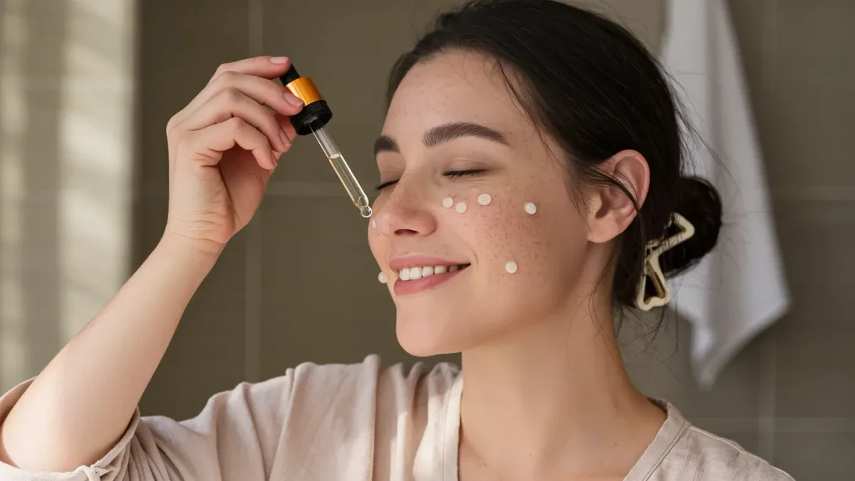 Woman applying vitamin C serum drops at a morning bathroom sink