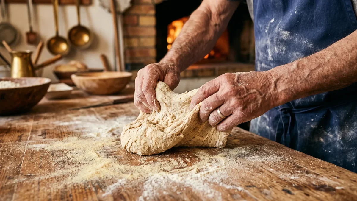 Artisan hands shaping traditional dough beside an aged wooden work surface