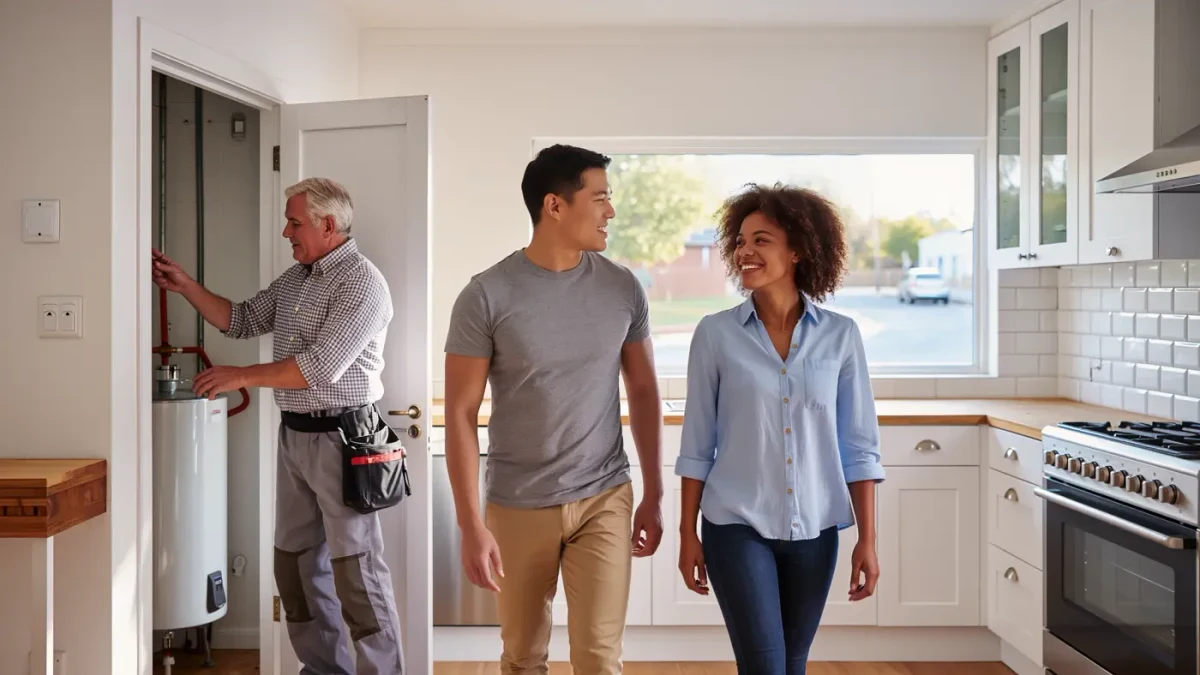 Couple inspecting a freshly renovated rental home kitchen with contractor