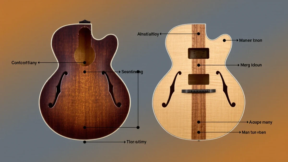 Infographic comparing hollowbody and semi-hollow guitar internal construction