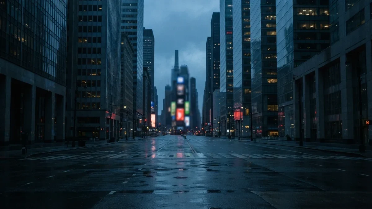 Empty financial district street at dawn after rain