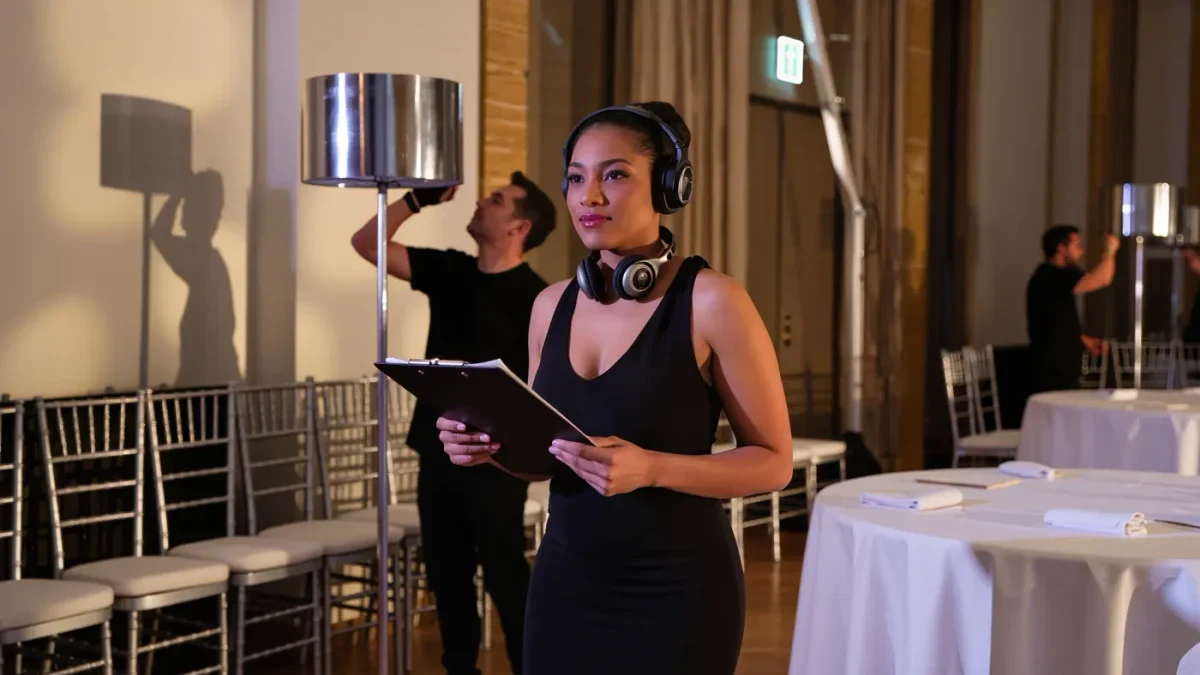 Gala producer with headset directing crew in empty ballroom before dinner