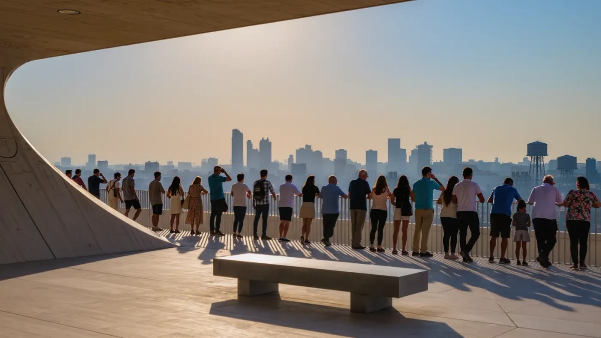 Summer visitors on a museum terrace overlooking a hazy city skyline