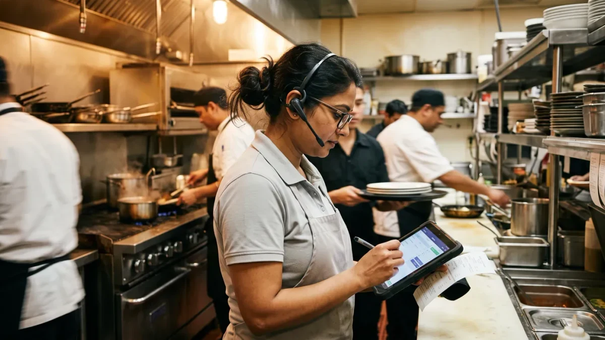 Restaurant shift lead coordinating orders during a late dinner rush