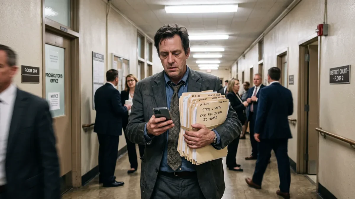 Public defender walking a courthouse hallway with a tall stack of case files
