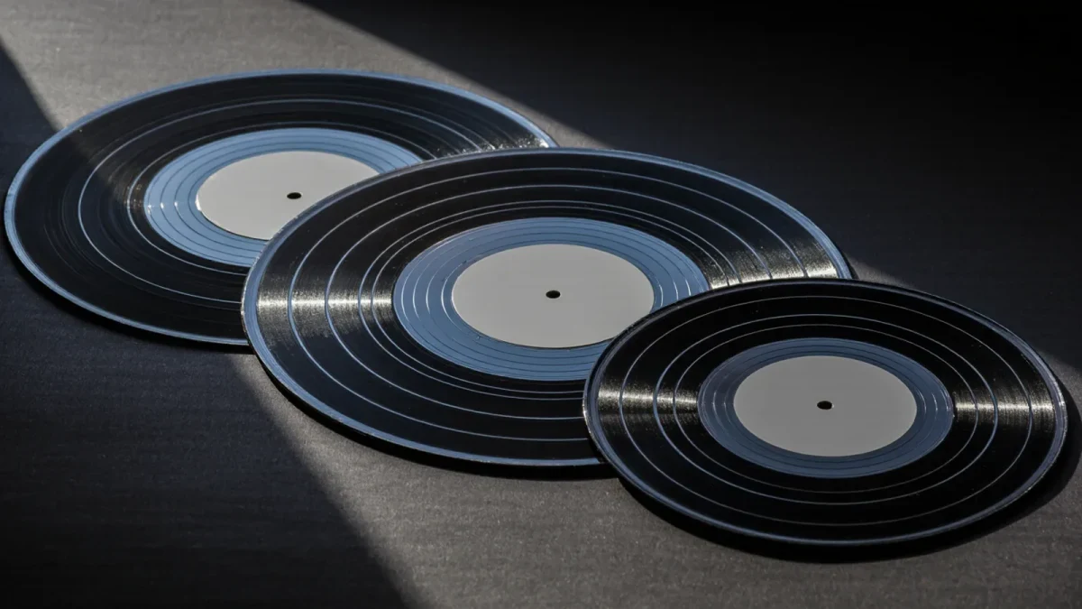 Macro studio photo of vinyl records in three sizes side by side