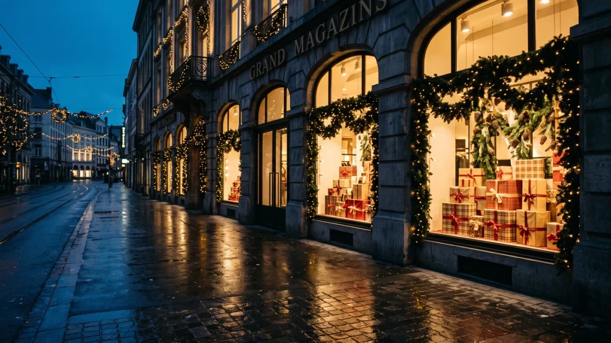 Decorated department store display windows on an evening street
