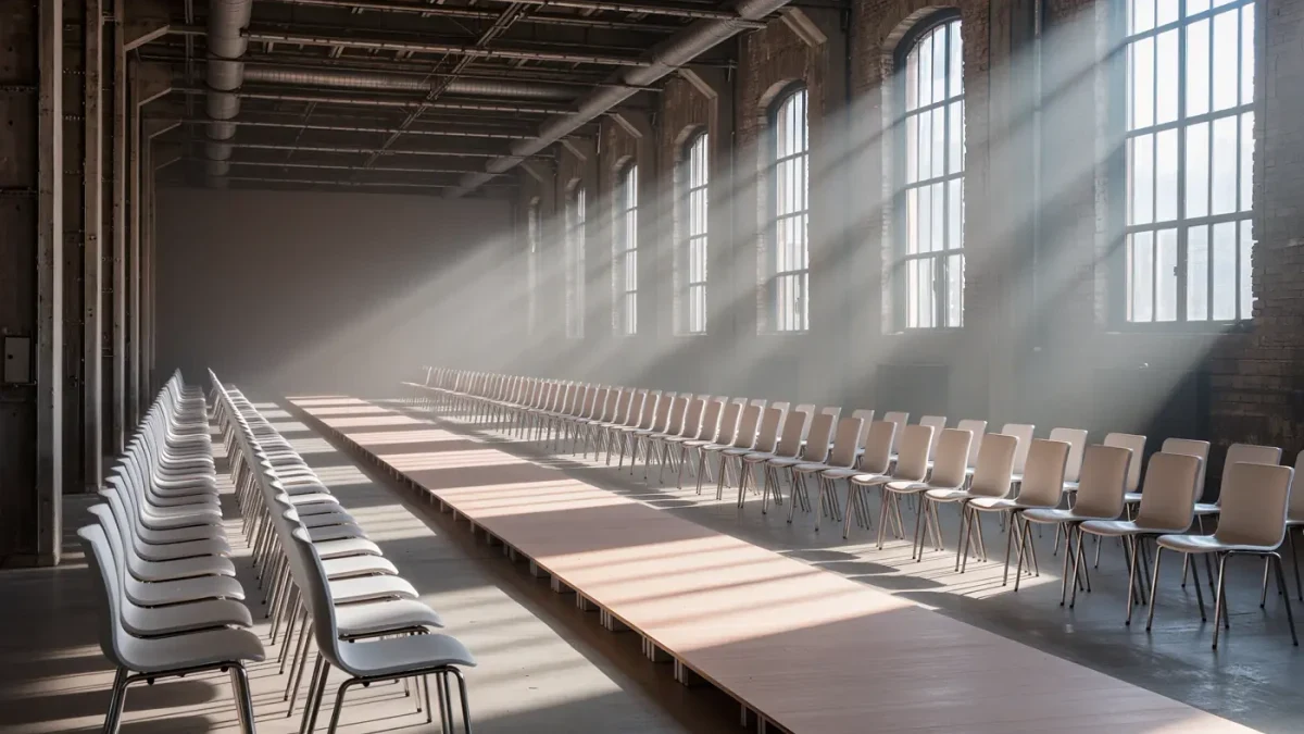 Empty sunlit runway inside a bright show venue during summer fashion week