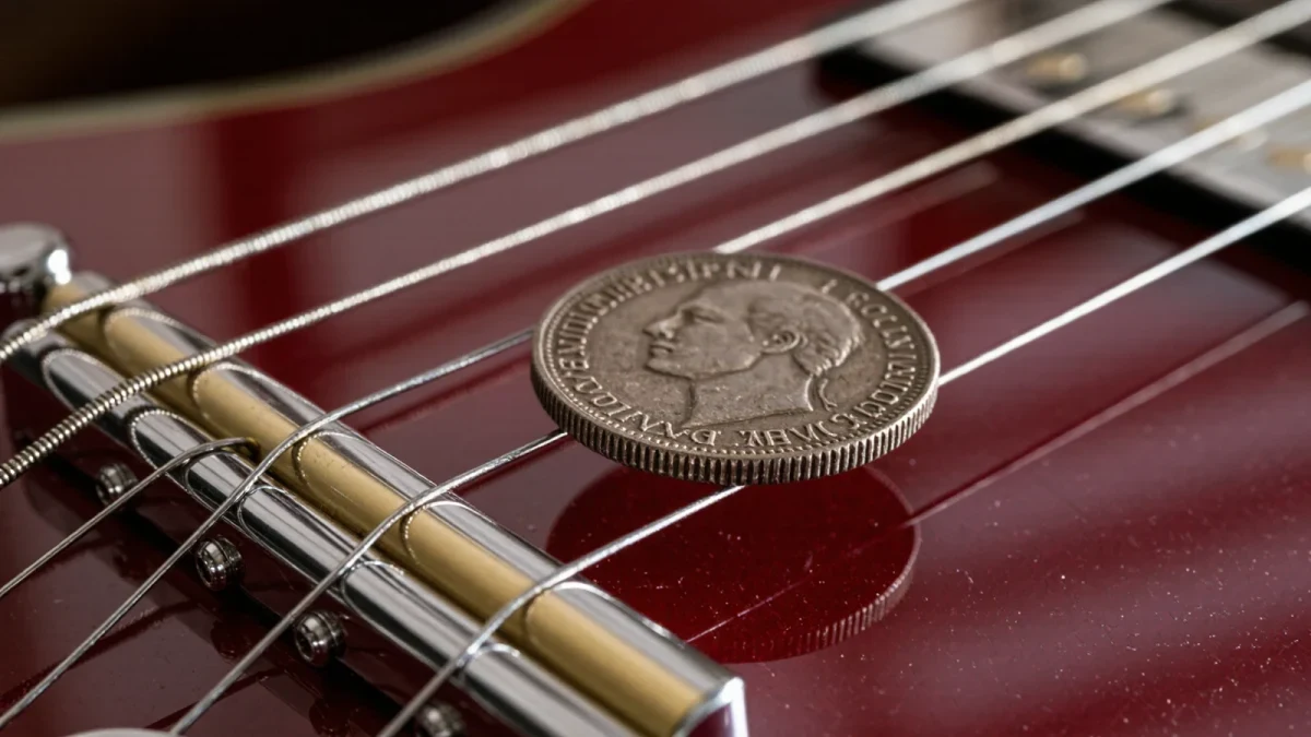 Old British sixpence coin resting on electric guitar strings near the bridge