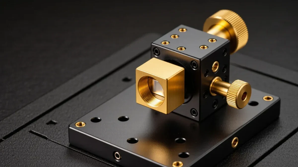 Gold-plated laser optics assembly on a laboratory bench