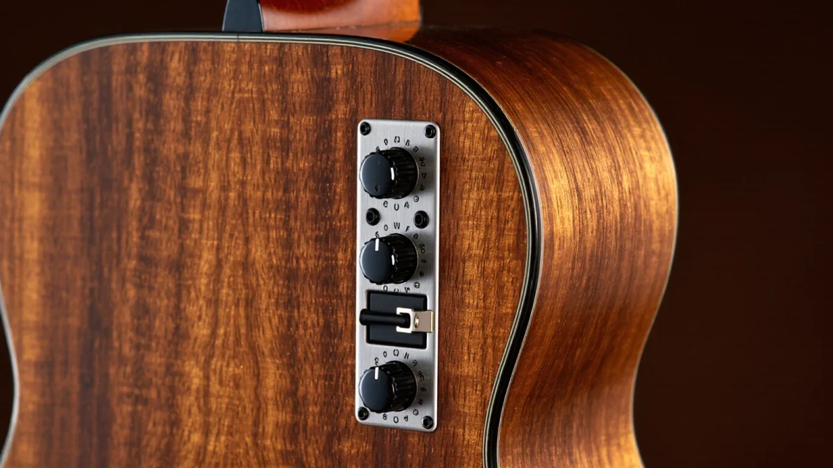 Close-up of an acoustic guitar preamp control panel on the upper bout