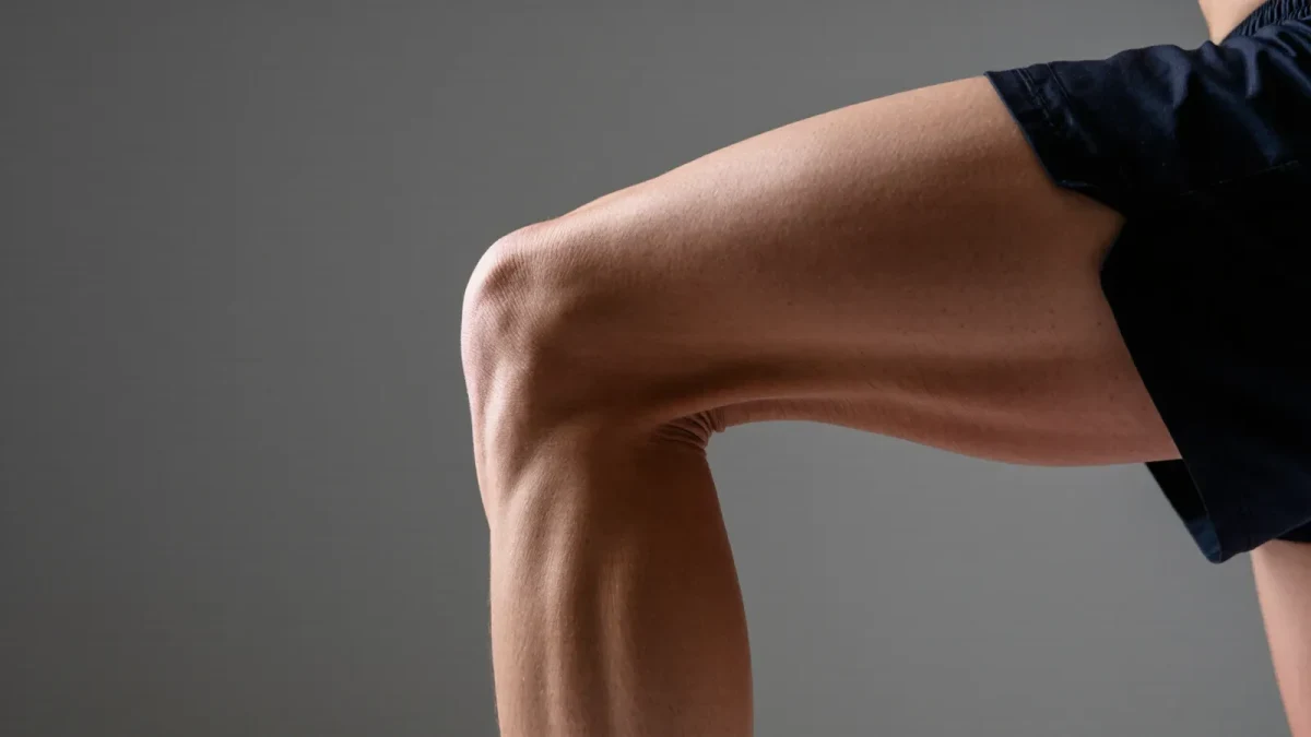 Close-up of an athlete's tensed quadriceps during a wall squat hold