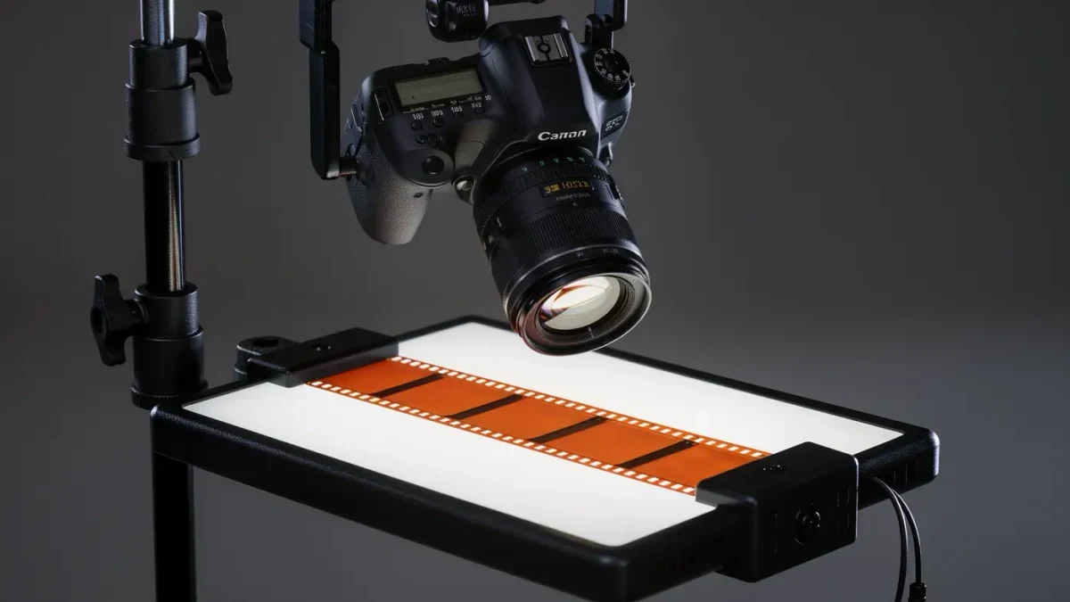 Camera and macro lens on copy stand above glowing negative