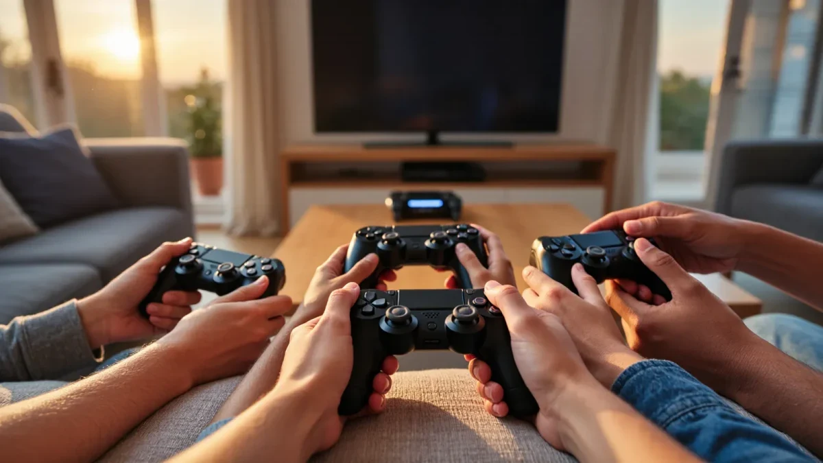 Family hands passing a game controller across a couch