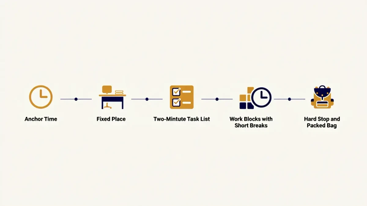 Infographic of a five-night homework routine timeline with work blocks