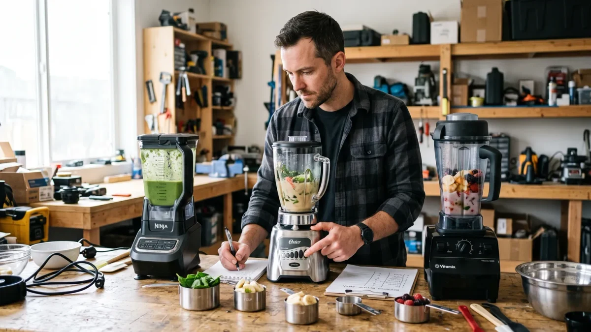 Product reviewer testing blenders on a review bench