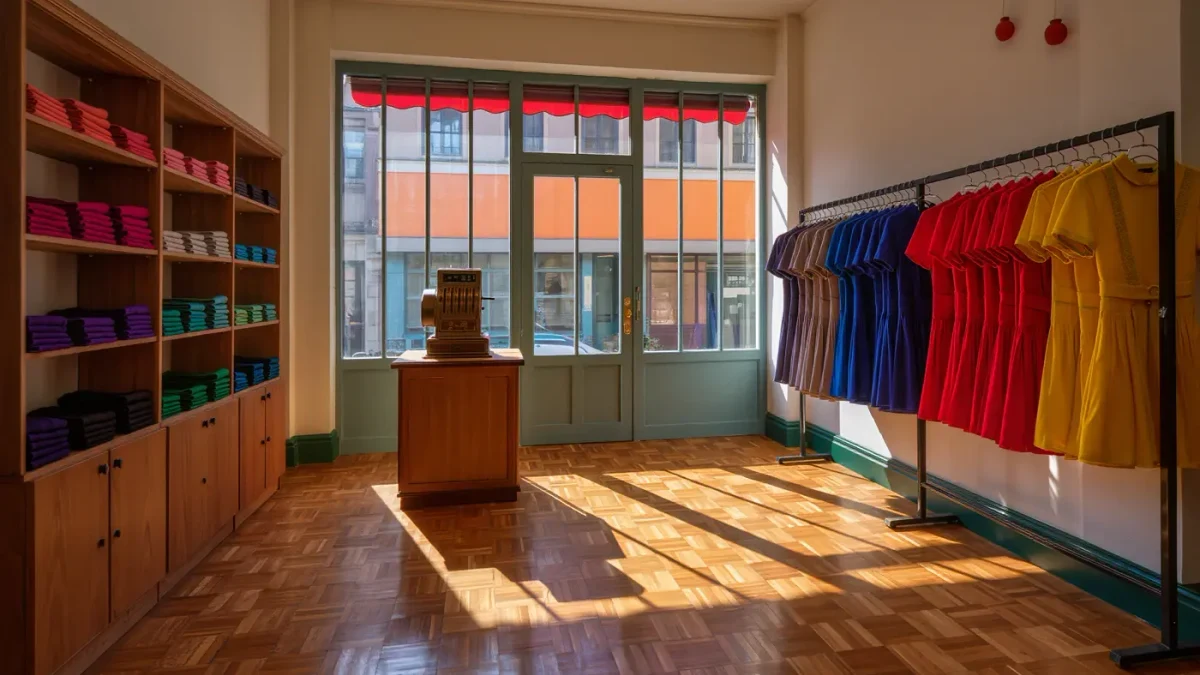 Empty sixties boutique with rails of coloured pinafores in daylight