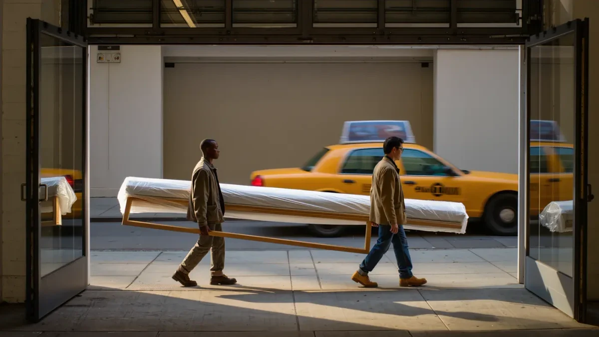 Art handlers carrying a wrapped canvas into a Tribeca gallery doorway