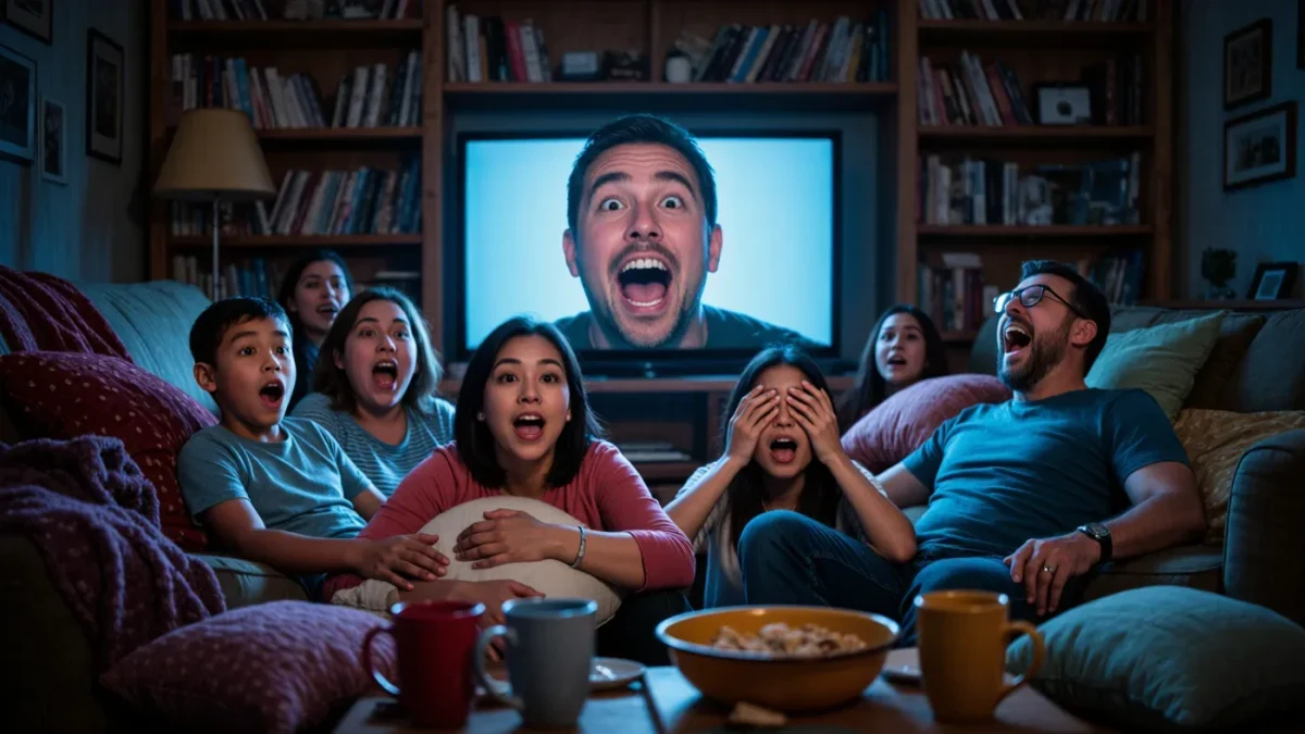 Documentary photo of two women watching a vivid horror film in a dark living room